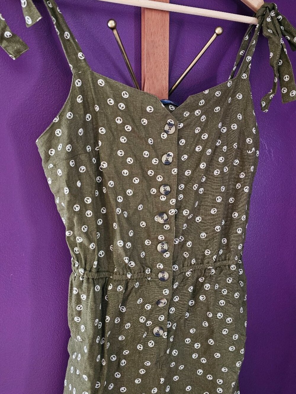 ModCloth Linen Blend Retro Peace Sign Jumpsuit Olive Green Adjustable Ties M
